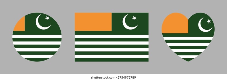Azad Kashmir flag rectangle, circle, heart shaped icon, button, sticker. Correct colors and proportions. Flag of Azad Kashmir badge, banner, background in rectangular, round, heart shape.