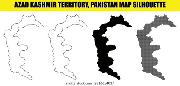 Azad kashmir territory pakistan map silhouette graphics set featuring outline and dotted variations for geography education projects and cartography design elements on isolated transparent backdrop.