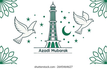 Azadi Mubarak 14 August Poster with Doves, Crescent Moon, and Minar-e-Pakistan