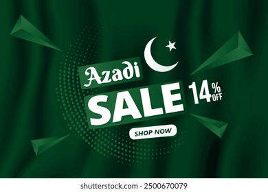 Azadi Sale, Pakistán Diseño de Vector de venta del Día de la Independencia con un 14% de descuento. Oferta de venta de Azadi el 14 de agosto, Anuncio de ventas para redes sociales con bandera de Pakistán.