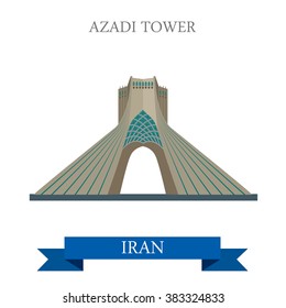 Azadi Tower in Tehran, Iran. Flat cartoon style historic sight showplace attraction web site vector illustration. World countries cities vacation travel sightseeing Asia collection.