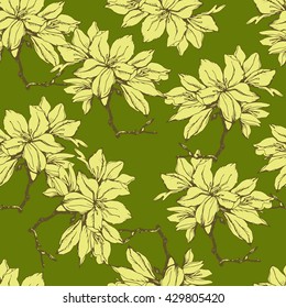 Azalea  flower background. Stylized flowers, leaves and branches. Seamless pattern. Beautiful illustration for your design. Vector.