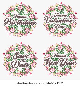 Azalea flower greeting card message template for happy birthday, valentine's day, wedding and happy new year with flower wreath.