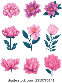 Azalea Flower Set, Watercolor Flower Vector Design Set