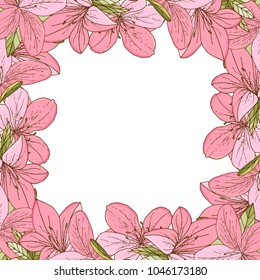 Azalea frame in hand drawn style. For print, card, wedding invitations. Vector illustration