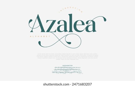 Azalea premium luxury elegant alphabet letters and numbers. Vintage wedding typography classic serif font decorative vintage retro. creative vector illustration