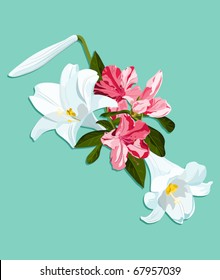 Azaleas and Easter lily spray on blue background