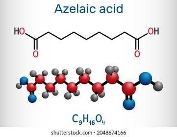 Azelaic acid, AzA, nonanedioic acid molecule. It is saturated dicarboxylic acid, is effective against  number of skin conditions, acne. Structural chemical formula, molecule model. Vector illustration