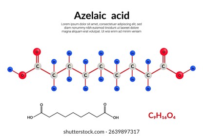 Azelaic acid (AzA), organic compound, molecular structure formula, ball-and-stick model, suitable for education or chemistry science content. Vector illustration