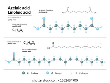 Azelaic and Linoleic acids. Dicarboxylic and Polyunsaturated Omega-6 Fatty Acid. Structural chemical formula and molecule 3d model. Atoms with color coding. Vector illustration