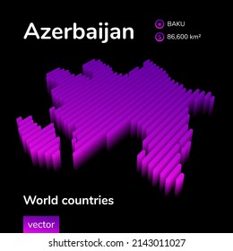 Azerbaijan 3D map. Stylized neon digital isometric striped vector map of Azerbaijan is in violet and pink colors on black background