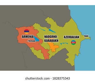 Azerbaijan and Armenia Countries Conflict 2020 vector illustration. Map of Nagorno Karabakh
