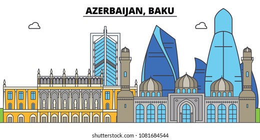 Azerbaijan, Baku. City skyline, architecture, buildings, streets, silhouette, landscape, panorama, landmarks. Editable strokes. Flat design line vector illustration concept. Isolated icons