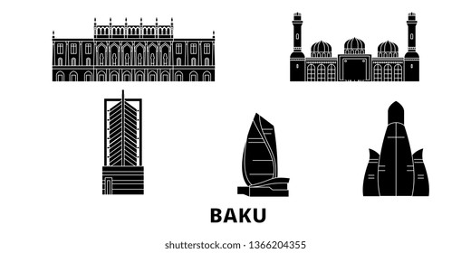 Azerbaijan, Baku flat travel skyline set. Azerbaijan, Baku black city vector illustration, symbol, travel sights, landmarks.