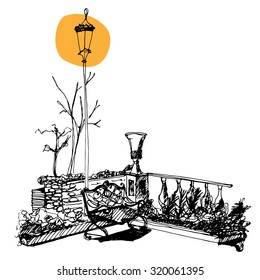 Azerbaijan Baku. Icheri Sheher, Old city, Inner City. Lantern. Freehand drawing with liner pen on paper.