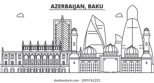 Azerbaijan, Baku line skyline vector illustration. Azerbaijan, Baku linear cityscape with famous landmarks, city sights, vector landscape. 