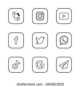 Azerbaijan, Baku/ October 28 2020: Social media icon set, 9 social media logos stroke transparent background
