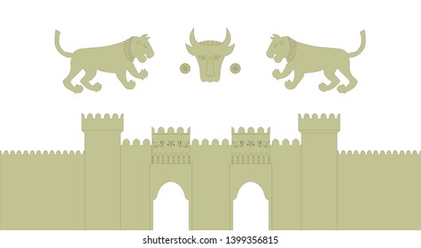 Azerbaiyán, Bakú, ciudad vieja Ichery Sheher, torre de doble puerta, murallas de fortaleza, emblema de la ciudad vieja, vectorial ilustran