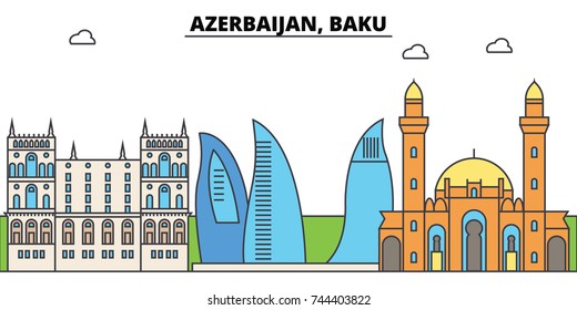 Azerbaijan, Baku outline city skyline, linear illustration, banner, travel landmark, buildings silhouette,vector