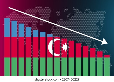 Gráfico de barras de Azerbaiyán, valores decrecientes, concepto de crisis y degradación, bandera de Azerbaiyán en gráfico de barras, flecha abajo en datos, idea de pancarta de noticias, falla y disminución, estadística financiera
