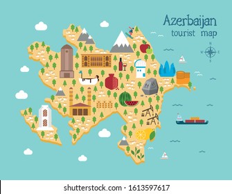 Azerbaijan cartoon tourist map with the main landmarks of the regions. Flat illustrated map svg