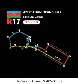 Azerbaijan Circuit 2025 map, vector isolated illustration for racing calendar, ready to print