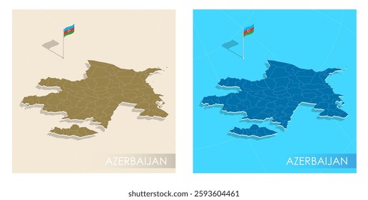 Azerbaijan country flag installed on geographic positioning map point of country territory. Azerbaijani commonwealth banner on land and sea. Festive patriotic HD format template for independence day