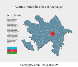 Azerbaijan country - high detailed illustration map divided on regions. Blank Azerbaijan map isolated on background. Vector template Kurdamir province for website, pattern, infographic, education