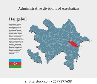 Azerbaijan country - high detailed illustration map divided on regions. Blank Azerbaijan map isolated on background. Vector template Hajigabul province for website, pattern, infographic, education