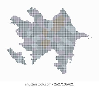 Aserbaidschan gepunktete Karte. Digitale Landkarte auf weißem Hintergrund. Aserbaidschanische Form mit Kreispunkten. Farbige Punkte. Kleine Kreise. Einfache Vektorgrafik.