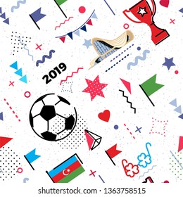 Azerbaijan flag Baku Soccer football abstract background in 80s memphis style. Seamless memphis pattern for posters cards. Vector illustration