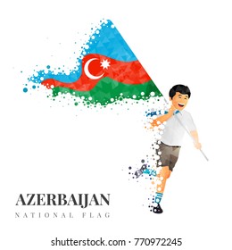 Azerbaijan Flag banner ribbon child boy running hand national emblem icon vector illustration isolated background waving