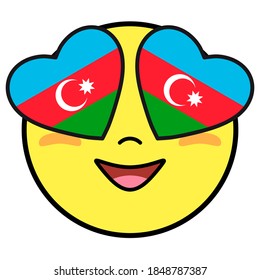 Azerbaijan flag button. Patriotic smile in hearts glasses. Emoji icon isolated on white background.