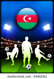 Azerbaijan Flag Button with Soccer Match in Stadium Original Illustration