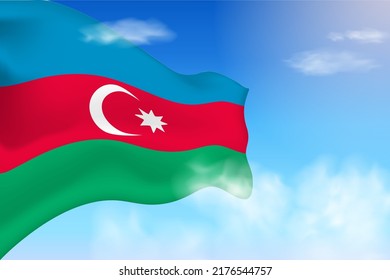 Azerbaijan flag in the clouds. Vector flag waving in the sky. National day realistic flag illustration. Blue sky vector.