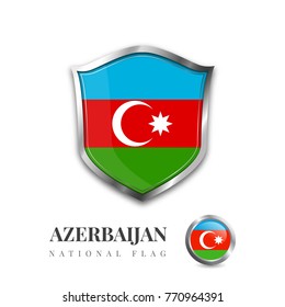 Azerbaijan flag  emblem metal shield  Illustration Sign, Symbol, Button, Badge, Icon, Logo Baku vector
