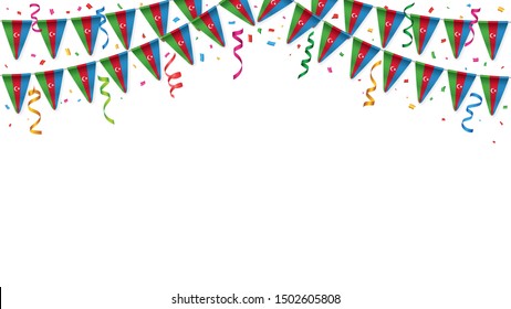 Azerbaijan flag garland white background with confetti, Hang bunting for Azerbaijani independence Day celebration template banner, Vector illustration
