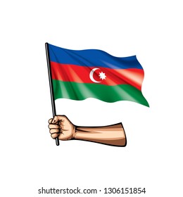 Azerbaijan flag and hand on white background. Vector illustration