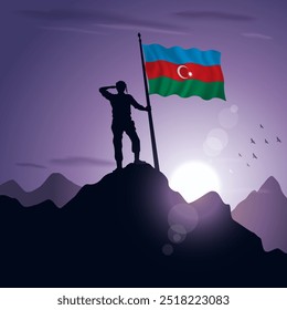 Azerbaijan Flag hoisted on a mountain peak with a purplish sunset in the background, vector illustration