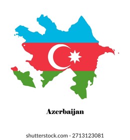 Azerbaijan Flag Map Vector. A detailed Azerbaijan map filled with the national flag featuring blue, red, green stripes, crescent, and star. Ideal for regional studies, cultural visuals, infographics