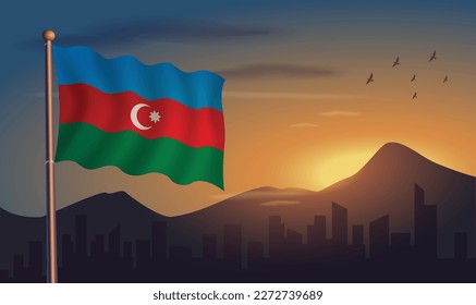 Azerbaijan flag with mountains and morning sun in the background