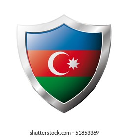 Azerbaijan flag on metal shiny shield vector illustration. Collection of flags on shield against white background. Abstract isolated object.
