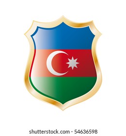 Azerbaijan flag on metal shiny shield vector illustration. Collection of flags on shield against white background. Abstract isolated object.