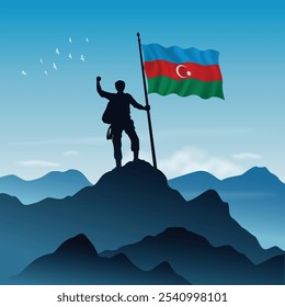 Azerbaijan Flag raised on a mountain peak with clear sky in the background, vector illustration