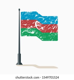 Azerbaijan flag with scratches, vector flag of Azerbaijan waving on flagpole with shadow.