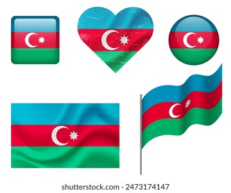 Azerbaijan flag set of icons. Vector flag of Azerbaijan, symbol. Set of Azerbaijan flags button, waved, heart.