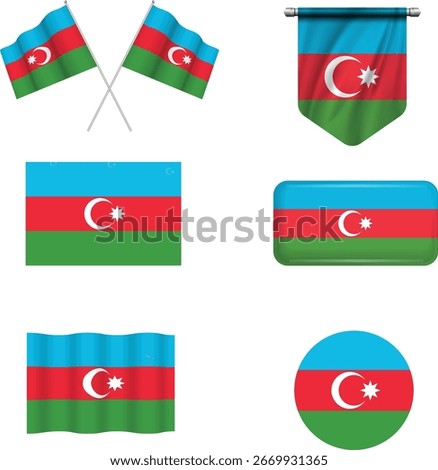 Azerbaijan flag set of icons. Vector flag of Azerbaijan, symbol. Set of Azerbaijan flags button,circle, waved and rectangle	