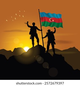 Azerbaijan flag, silhouette of two climbers holding flags at sunset