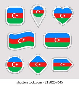 Azerbaijan flag vector stickers collection. Azerbaijani isolated geometric icons. Country national symbols badges. Web, sport page, patriotic, travel design elements. Different shapes.