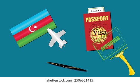 Aserbaidschanische Flagge mit weißem Fliegersymbol. Reisepass mit Sichtvermerk. Schwarzer, stylischer Stift. Azeri Travel Poster. Bearbeitbare Vektor-EPS verfügbar